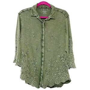 CAITE Hand Made Green Scalloped Hems Embroidered Button Front Shirt Art to Wear